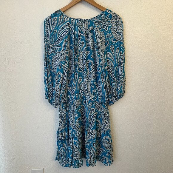 Zara Blue Paisley Floral Mini Dress L Boho Western Festival - Picture 8 of 11